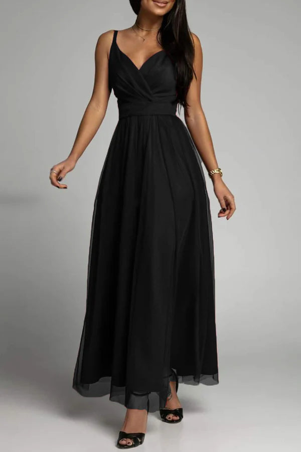 Elegant solid color patchwork V-neck A-line evening dress