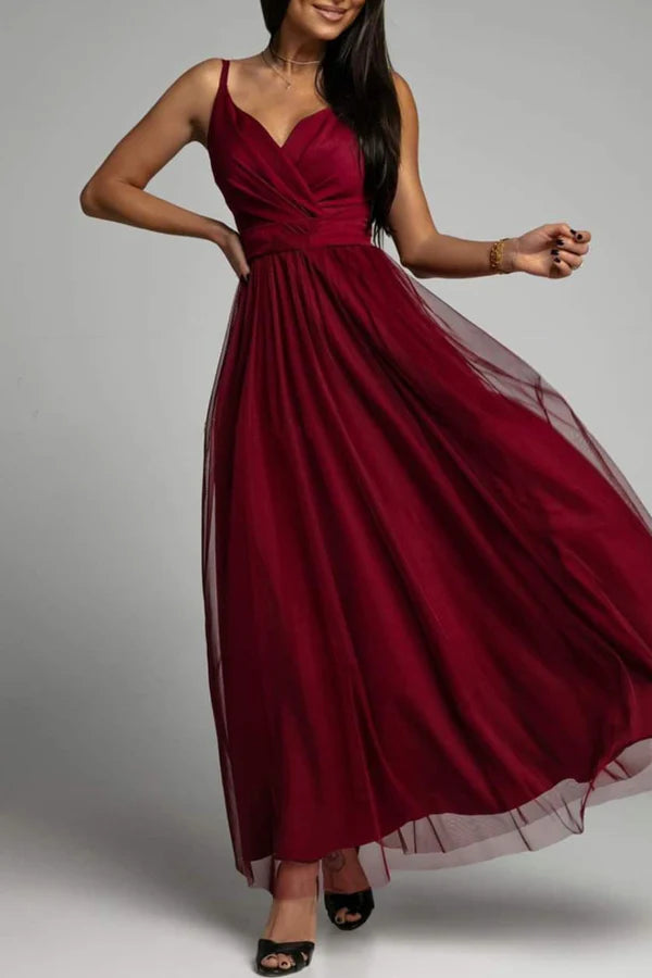 Elegant solid color patchwork V-neck A-line evening dress
