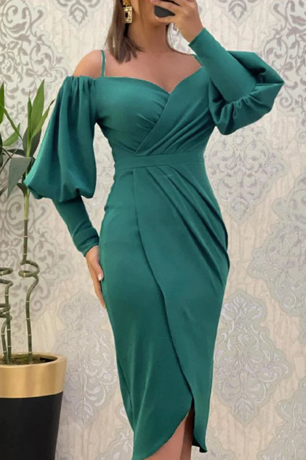Sweet and Elegant Solid Color Folded Shoulder Off Shoulder Irregular Evening Dress