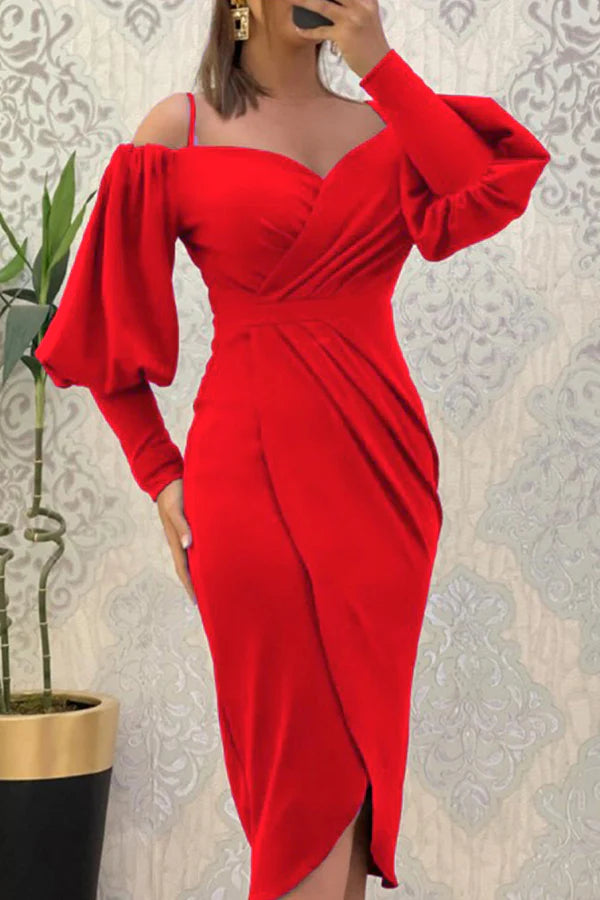 Sweet and Elegant Solid Color Folded Shoulder Off Shoulder Irregular Evening Dress