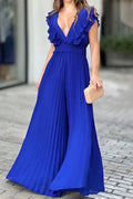 Royal Blue Chiffon V-Neck Pleated Wide-Leg Jumpsuit