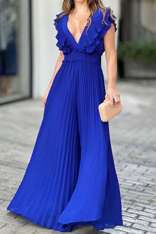 Royal Blue Chiffon V-Neck Pleated Wide-Leg Jumpsuit