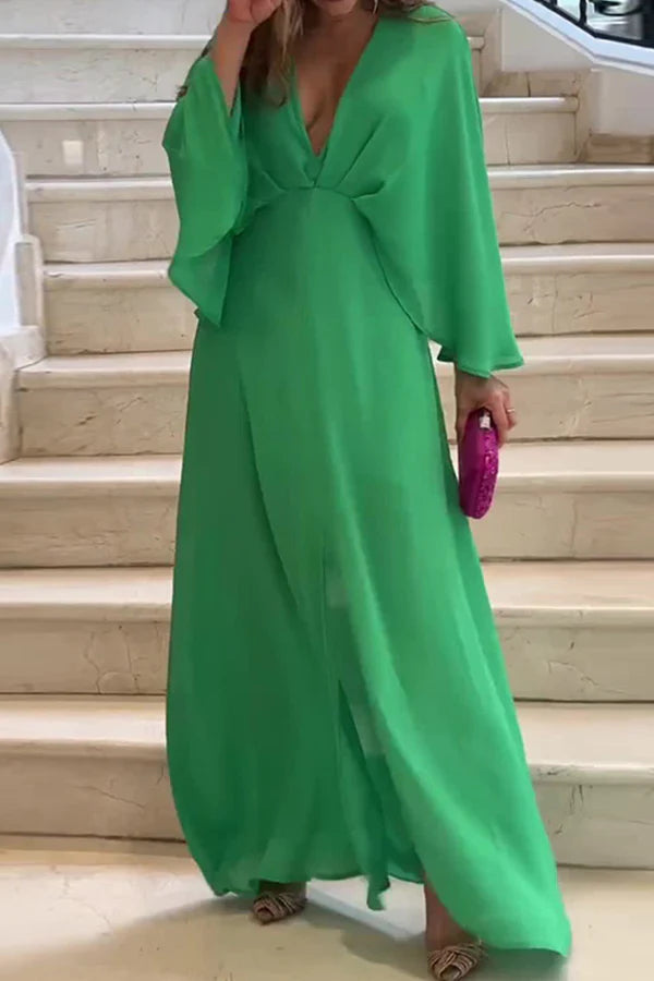 Vestido de noche minimalista de corte A con escote en V y pliegues en color liso para tiempo libre