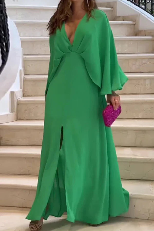 Vestido de noche minimalista de corte A con escote en V y pliegues en color liso para tiempo libre