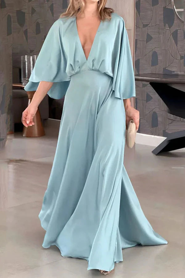 Vestido de noche minimalista de corte A con escote en V y pliegues en color liso para tiempo libre