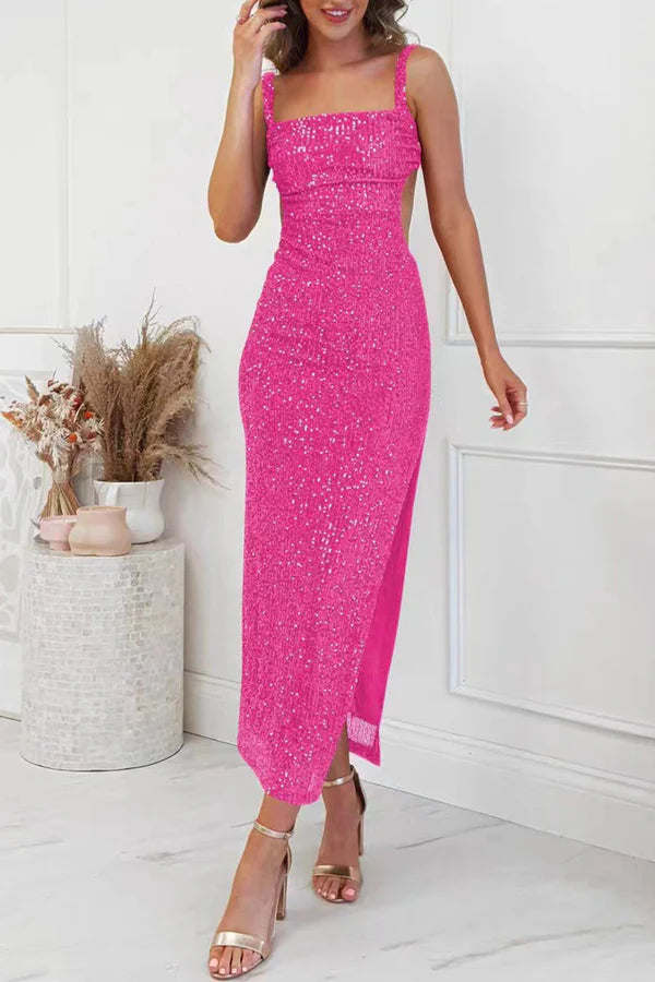 Sexy solid color sequin slit square neck one step skirt for evening dress