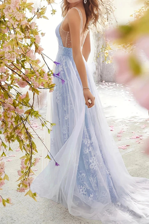 Blushing Pink Tulle A-Line Floor-Length Bridesmaid Dress with Illusion V-Neck and Floral Embroidered Tulle