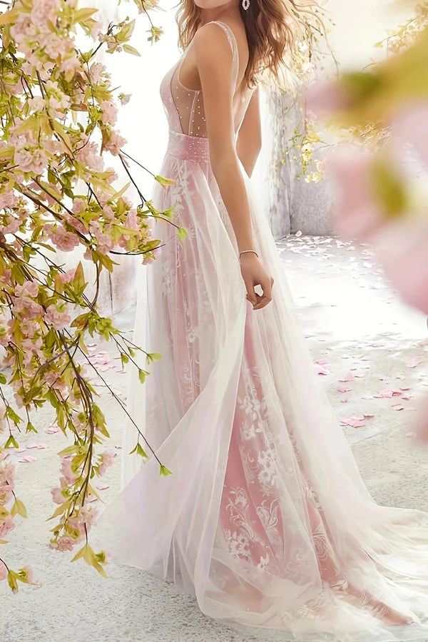 Atuendo formal sexy con vestido de noche de encaje sólido con escote en V