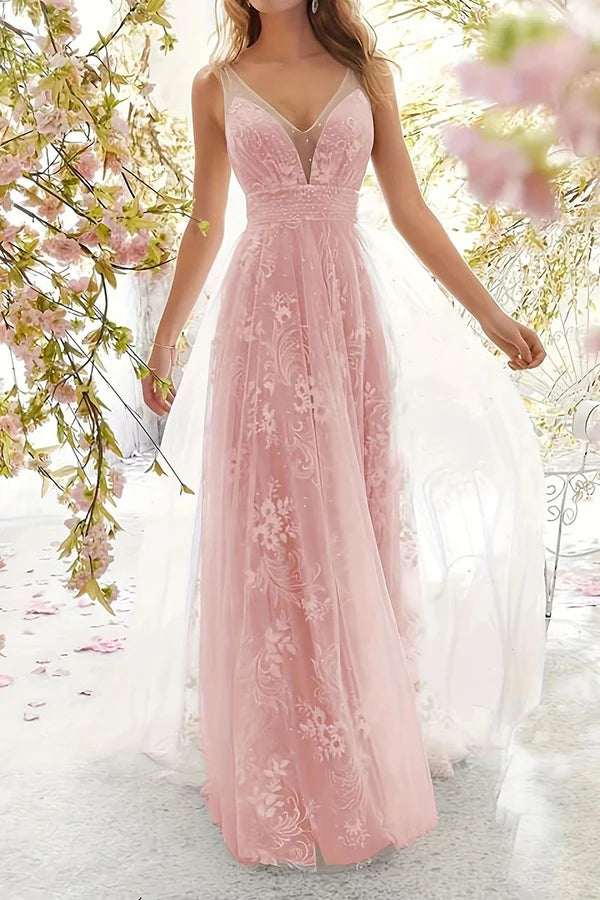 Atuendo formal sexy con vestido de noche de encaje sólido con escote en V