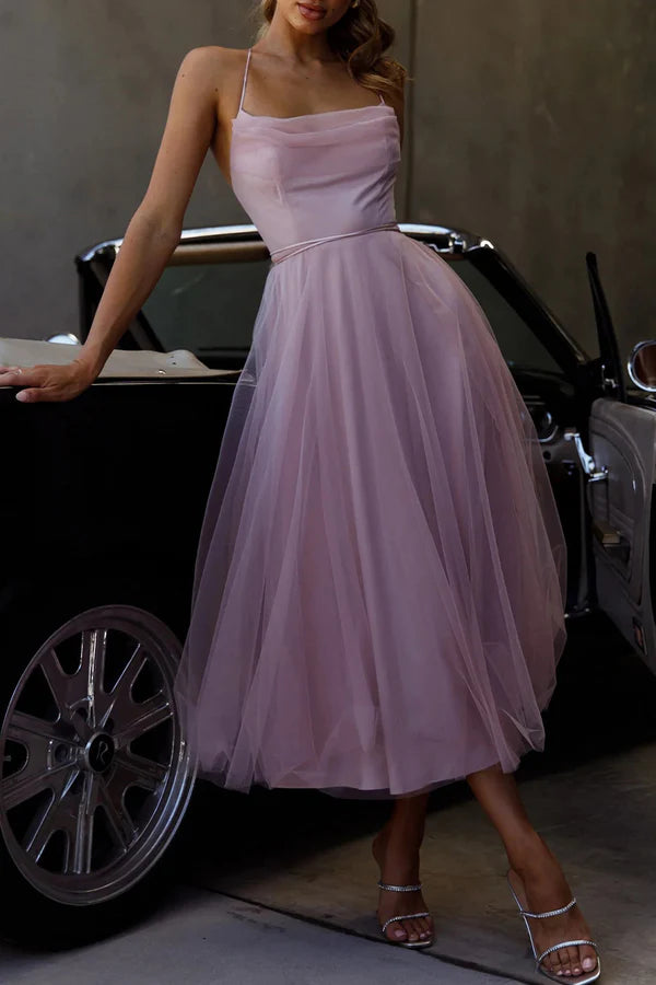 Sweet and Elegant Solid Color Mesh Asymmetric Collar Sleeveless Evening Dress