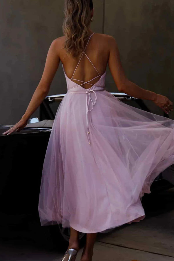 Sweet and Elegant Solid Color Mesh Asymmetric Collar Sleeveless Evening Dress