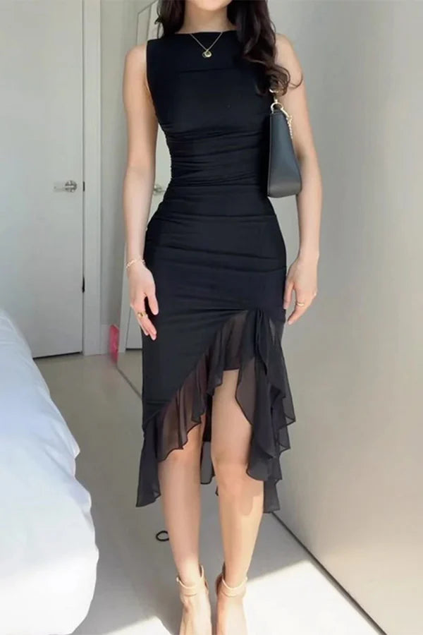 Black Stretch Knit Sheath/column Midi Dress with Ruched Bodice & Asymmetrical Ruffle