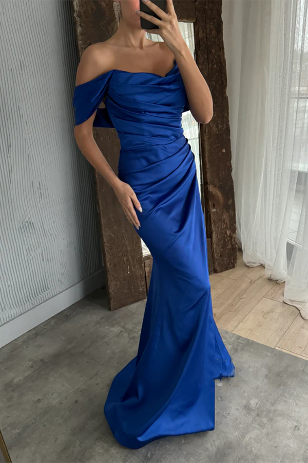 Off the shoulder satin pleated long ball dress with a slit evening dress