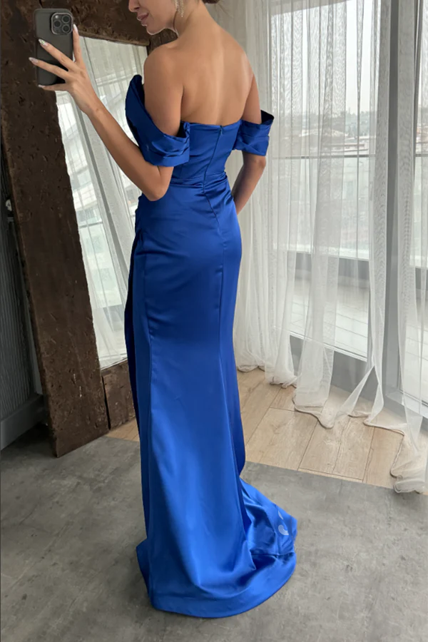 Off the shoulder satin pleated long ball dress with a slit evening dress