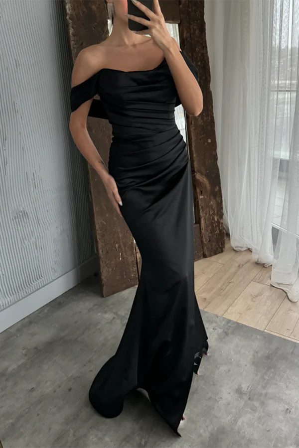 Off the shoulder satin pleated long ball dress with a slit evening dress
