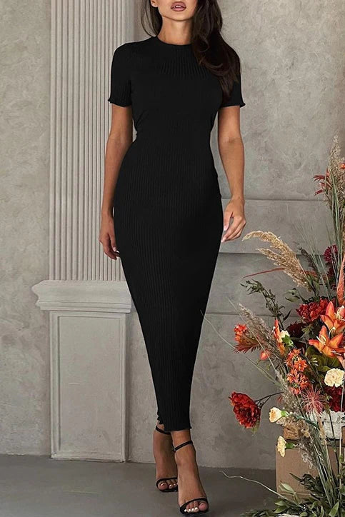 Vestido de noche informal de color sólido básico con cuello redondo y manga corta