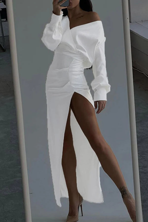 Elegante vestido de noche irregular con escote en V dividido en color sólido