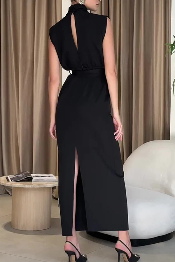 Elegant solid color slit with waistband half high neckline skirt evening dress