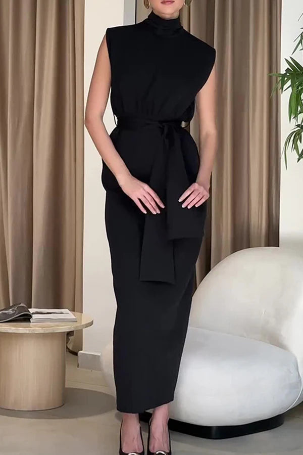 Elegant solid color slit with waistband half high neckline skirt evening dress