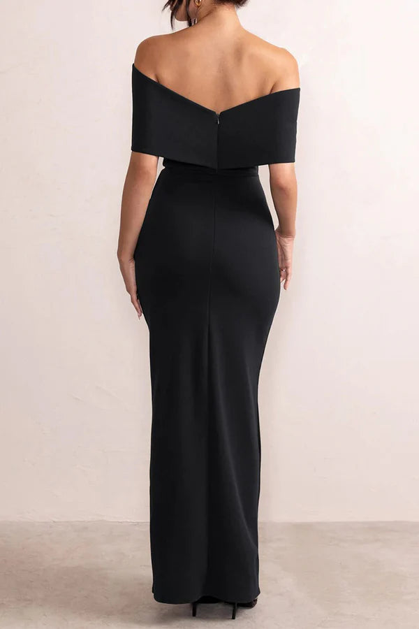 Black Crepe Off-the-Shoulder Floor-Length Evening Dress with Draped Bodice and High Slit