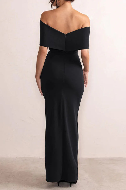 Black Crepe Off-the-Shoulder Floor-Length Evening Dress with Draped Bodice and High Slit