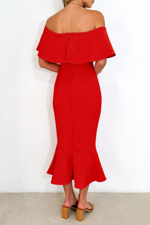 Vestido de noche sexy de color sólido con borde con volantes y hombros descubiertos, estilo trompeta y cola de pez.