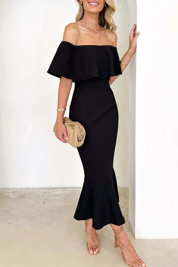 Vestido de noche sexy de color sólido con borde con volantes y hombros descubiertos, estilo trompeta y cola de pez.