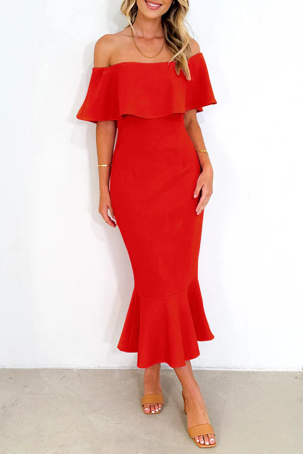 Vestido de noche sexy de color sólido con borde con volantes y hombros descubiertos, estilo trompeta y cola de pez.