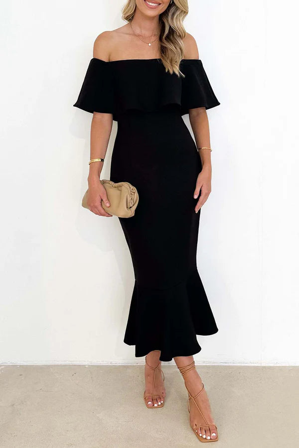 Vestido de noche sexy de color sólido con borde con volantes y hombros descubiertos, estilo trompeta y cola de pez.