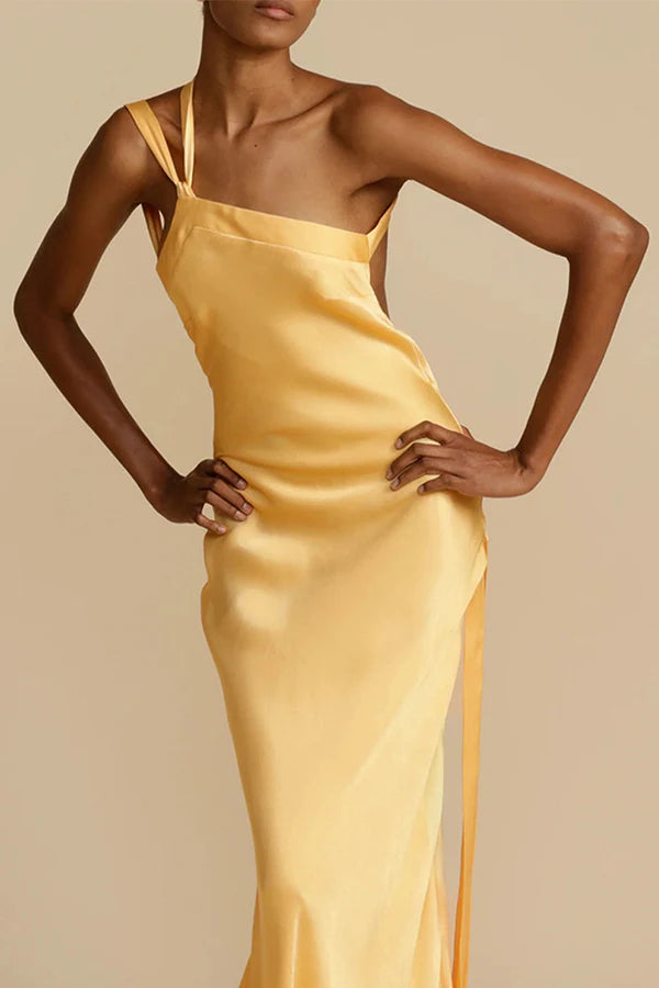 Elegant formal attire solid color backless sloping collar evening dress