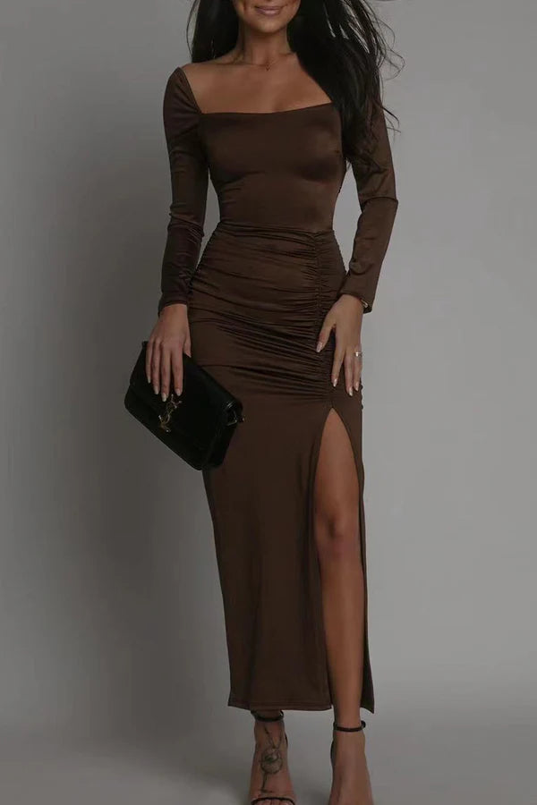 Sexy solid color backless slit square collar wrap around skirt for evening dress