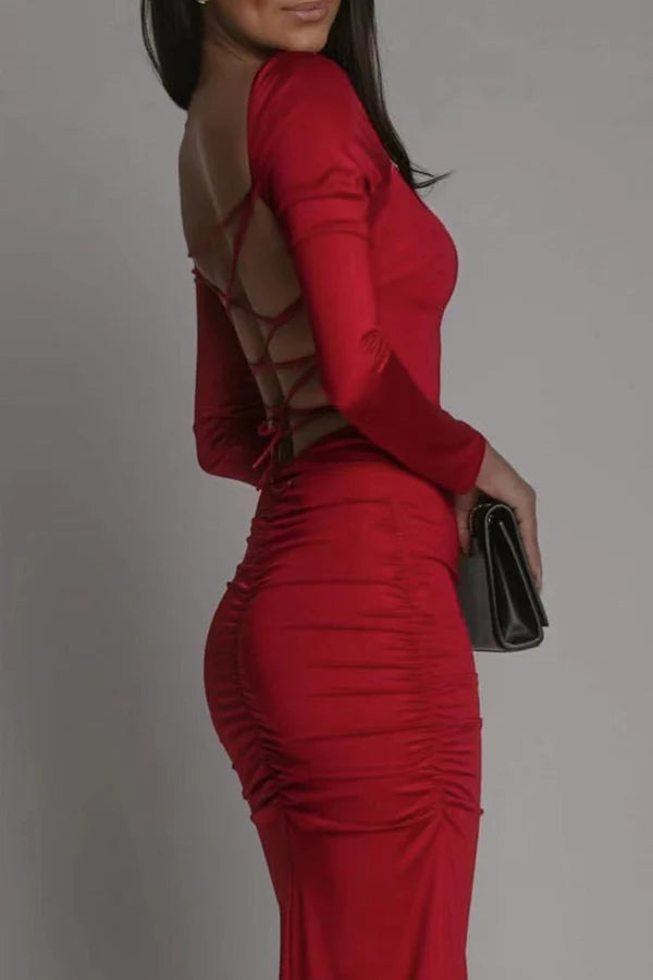 Sexy solid color backless slit square collar wrap around skirt for evening dress