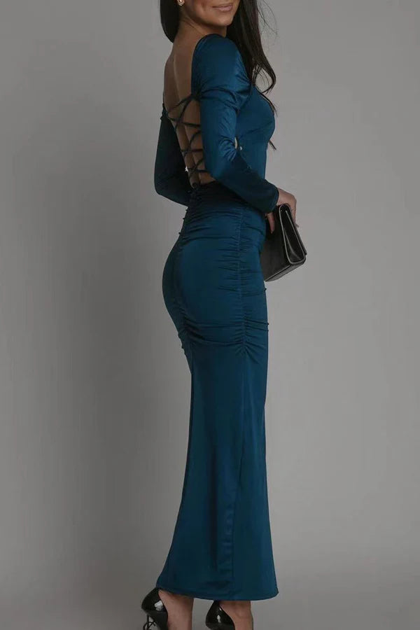 Sexy solid color backless slit square collar wrap around skirt for evening dress