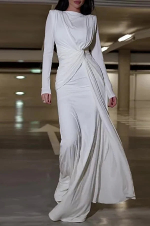 Casual solid color patchwork O-neck long evening dress