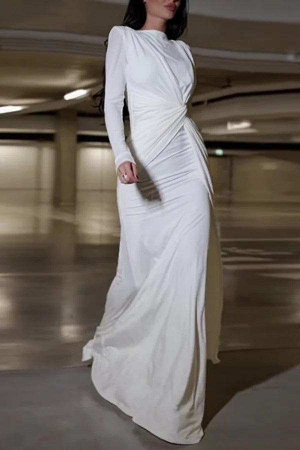 Casual solid color patchwork O-neck long evening dress