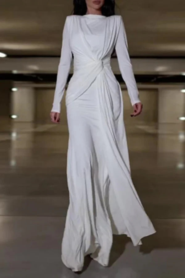 Vestido de noche largo informal con cuello redondo y diseño de patchwork en color liso