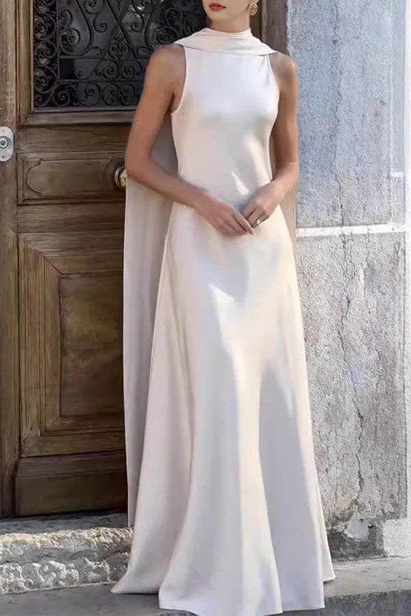 Ivory Satin A-Line Bridesmaid Dress with Draped High Neck & Cape