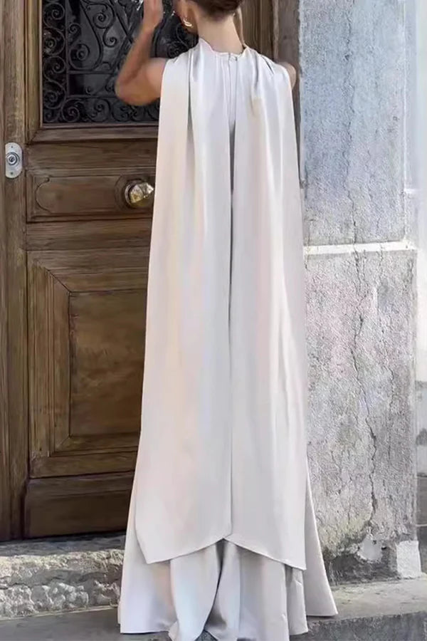 Ivory Satin A-Line Bridesmaid Dress with Draped High Neck & Cape