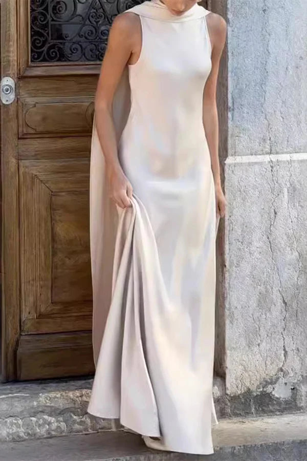Ivory Satin A-Line Bridesmaid Dress with Draped High Neck & Cape