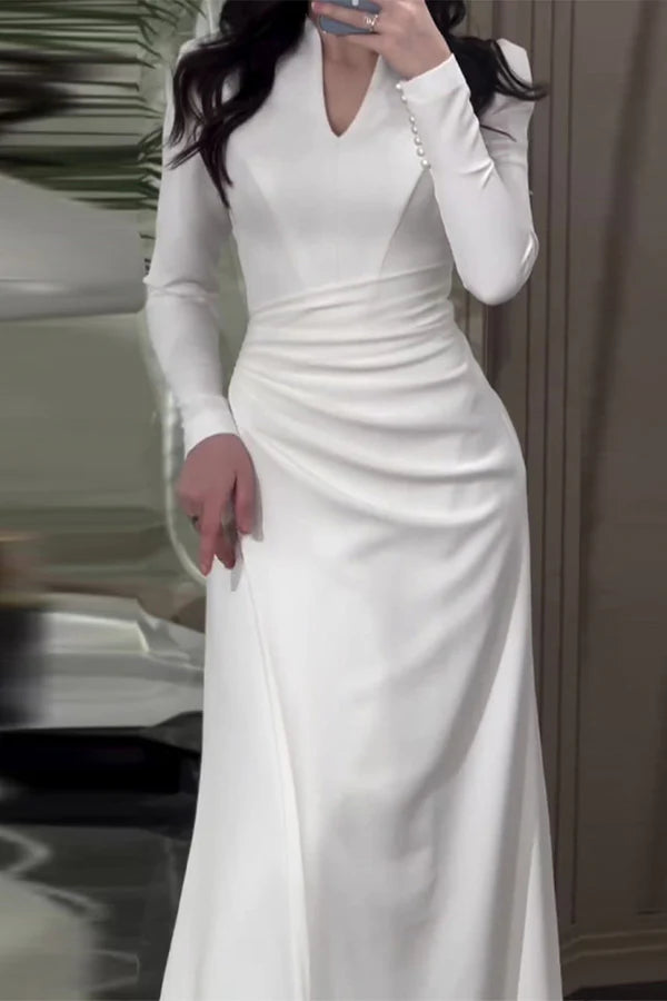 Elegant solid color pleated V-neck wrap dress for evening dress