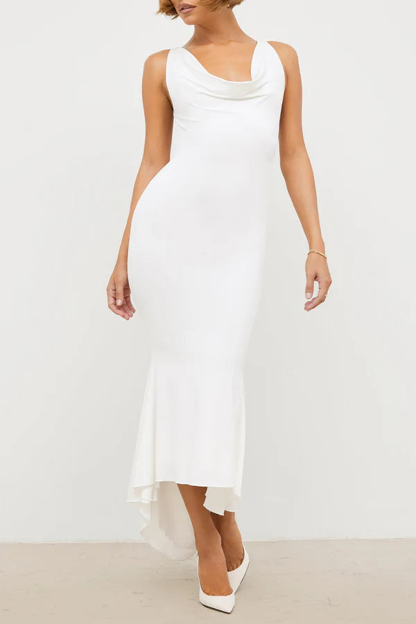 Vestido de noche sexy de cola de pez con escote en U y espalda descubierta con pegatinas de flores en color liso