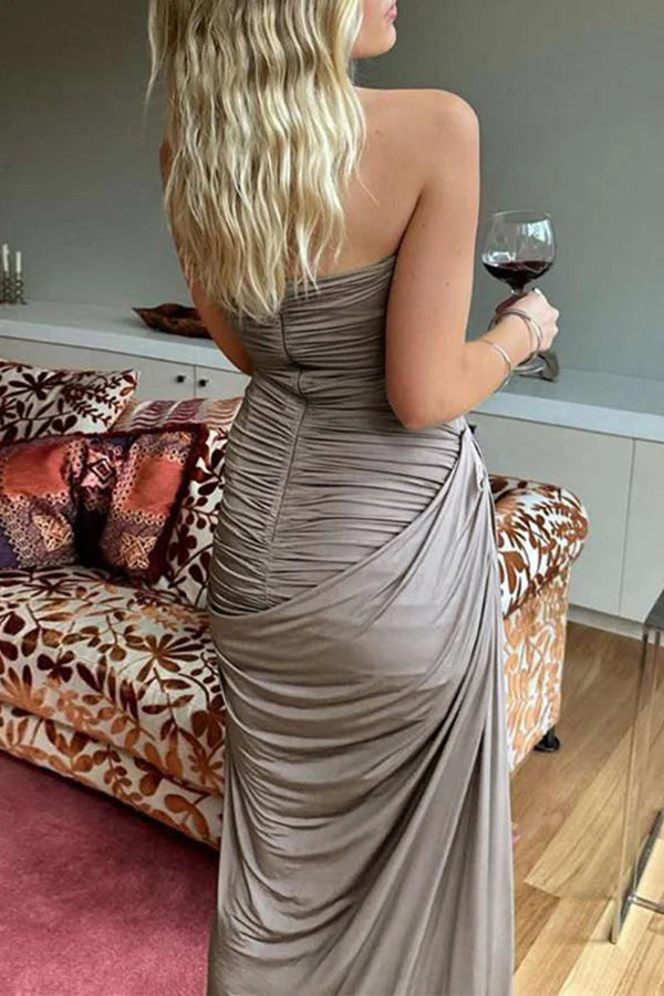 Sexy solid color pleated asymmetrical V-neck one-step dress for evening dress