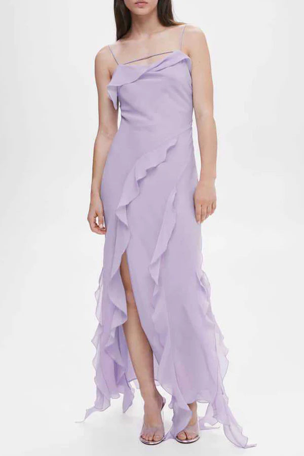 Sweet solid color with ruffled edges and asymmetrical V-neck strap for evening dressing