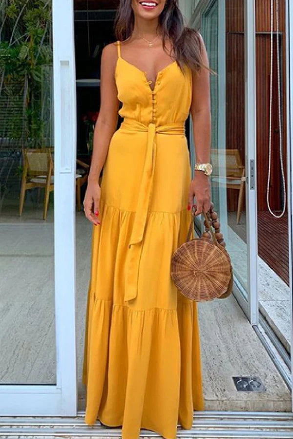 White Chiffon A-Line V-Neck Floor-Length with Tiered Skirt, Button-Front Bodice & Tie Waist