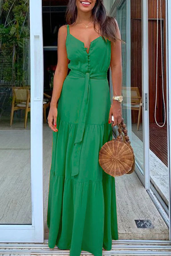 White Chiffon A-Line V-Neck Floor-Length with Tiered Skirt, Button-Front Bodice & Tie Waist