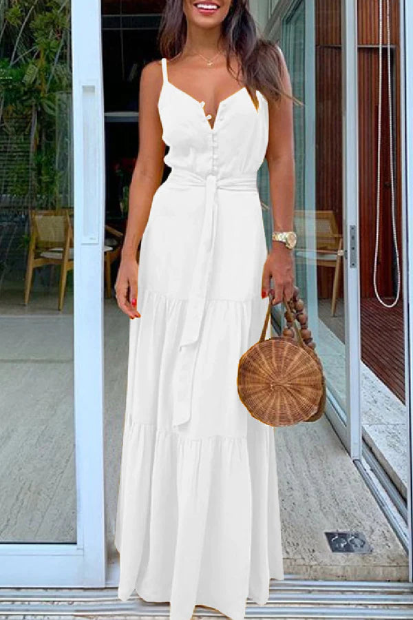 White Chiffon A-Line V-Neck Floor-Length with Tiered Skirt, Button-Front Bodice & Tie Waist