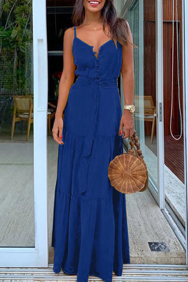 White Chiffon A-Line V-Neck Floor-Length with Tiered Skirt, Button-Front Bodice & Tie Waist