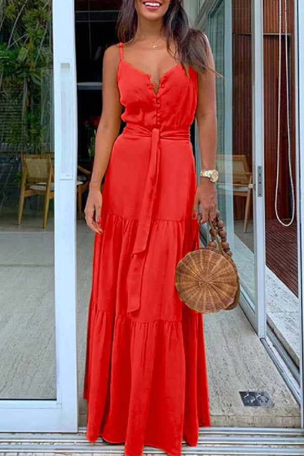 White Chiffon A-Line V-Neck Floor-Length with Tiered Skirt, Button-Front Bodice & Tie Waist