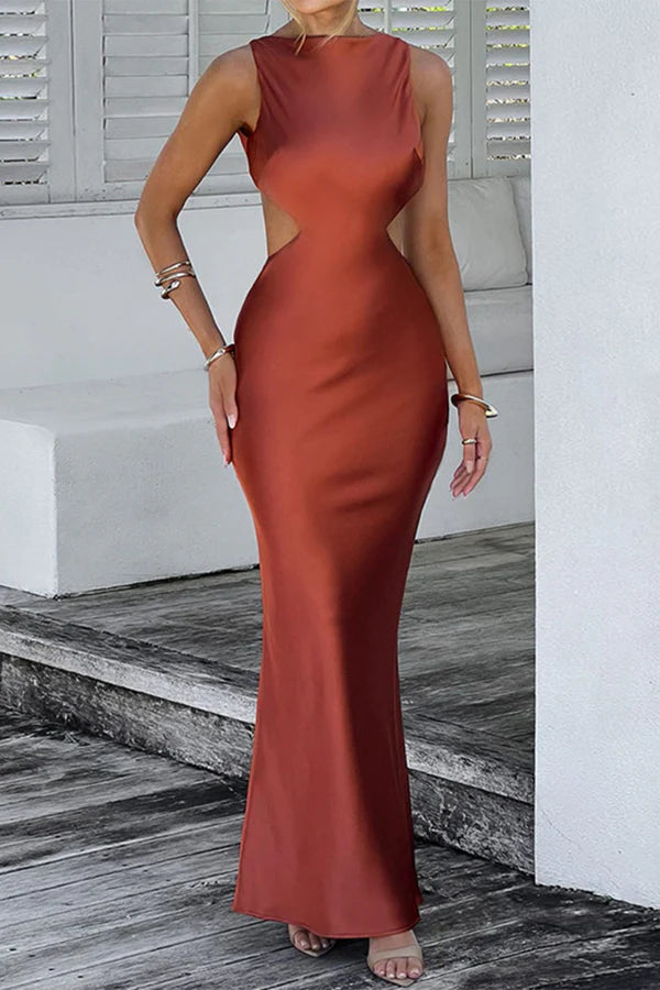 Vestido de noche sexy de celebridad de color sólido sin espalda con cuello redondo cruzado