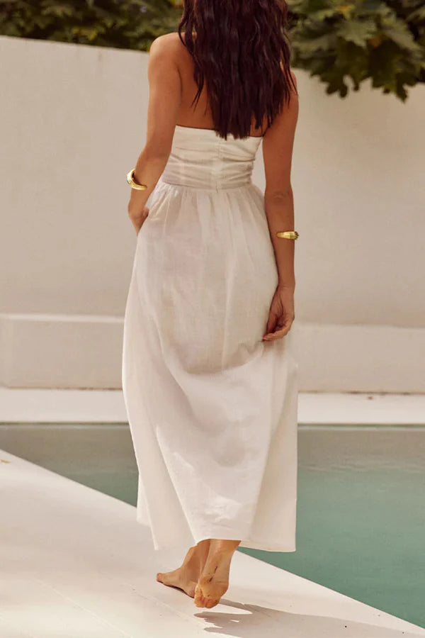 Vestido de noche sexy de color sólido con bolsillos y cuello plegable, sin mangas y colgante